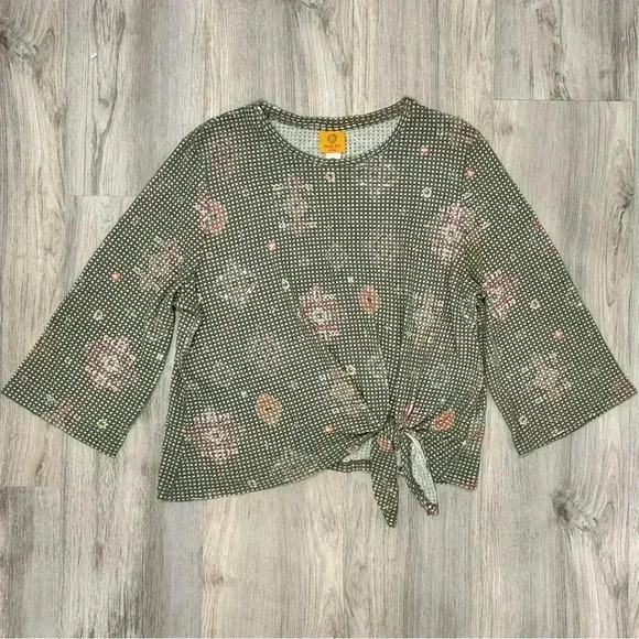 Ruby Rd Knot Front Waffle Knit Top 3/4 Sleeve Green Pattern Shirt Size XL Petite - Picture 1 of 7